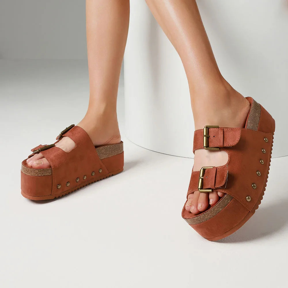 Womens Platform Sandals Slip-on Open Toe Double Buckle Adjustable Flat Sandals With Chunky Platform