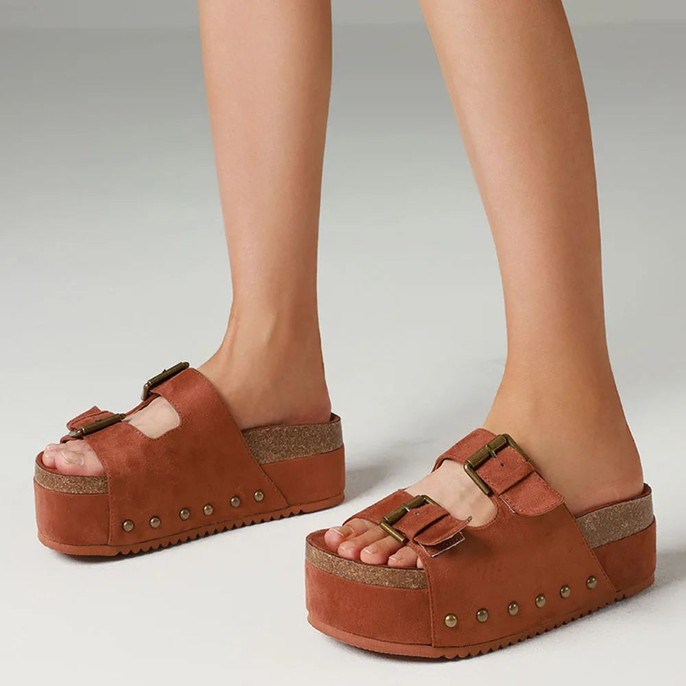 Womens Platform Sandals Slip-on Open Toe Double Buckle Adjustable Flat Sandals With Chunky Platform