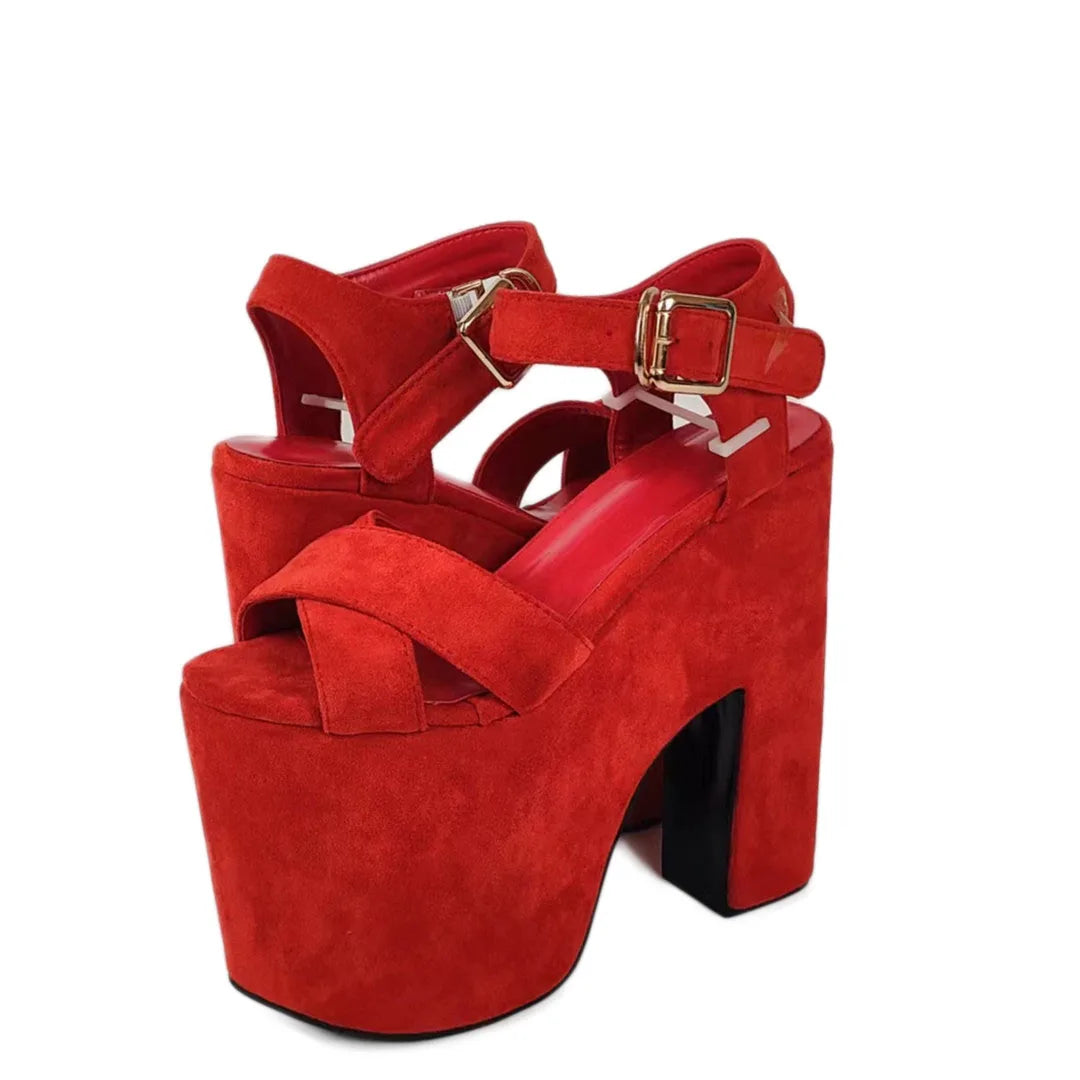 SHOFOO Fashionable women's high-heeled sandals Red/brown suede sandals About 16cm heel height Strange style sandals Size:34-46